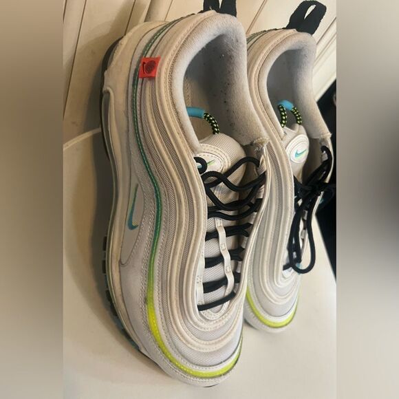 Nike Air Max 97 WW Men\'s Size 10.5 White/Blue Fury-Volt-Black CZ5607 100 RARE! main image 8